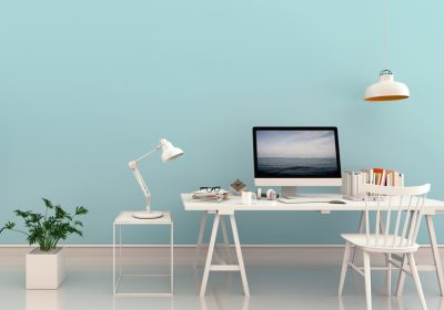 3D rendering of interior modern living room bright workspace with desk and laptop computer and green plants